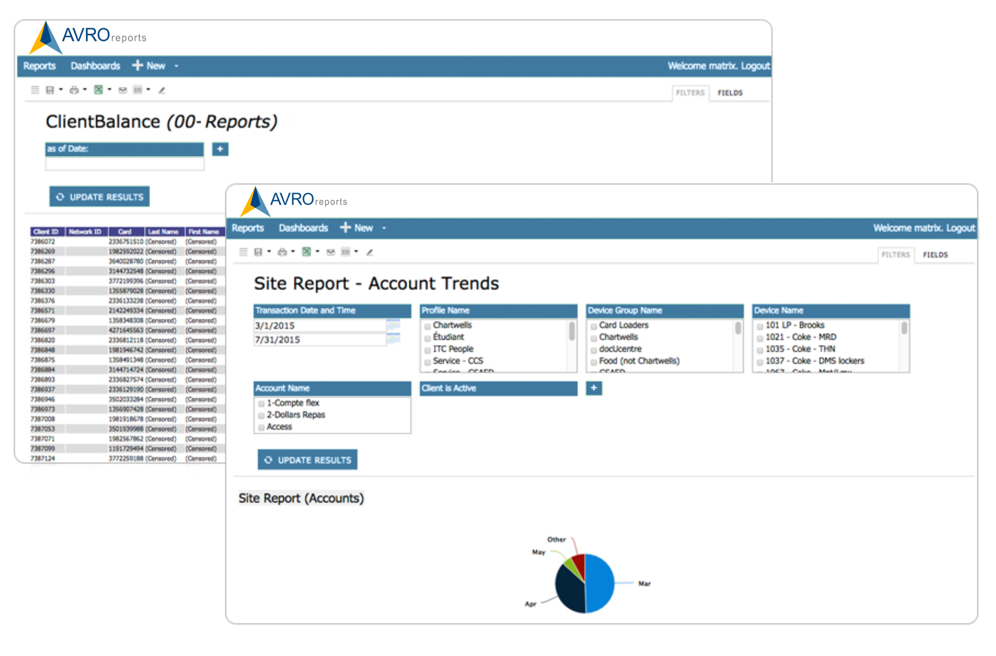 two images placed on top of each other showing AVROreports backend pages of client balance and reports page